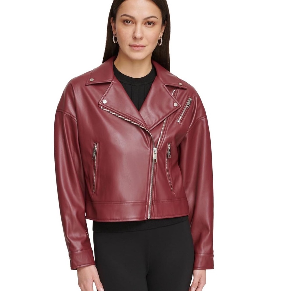 NWT DKNY Womens Faux Leather Moto Jacket Cabernet Burgundy XL Asymmetrical Zip